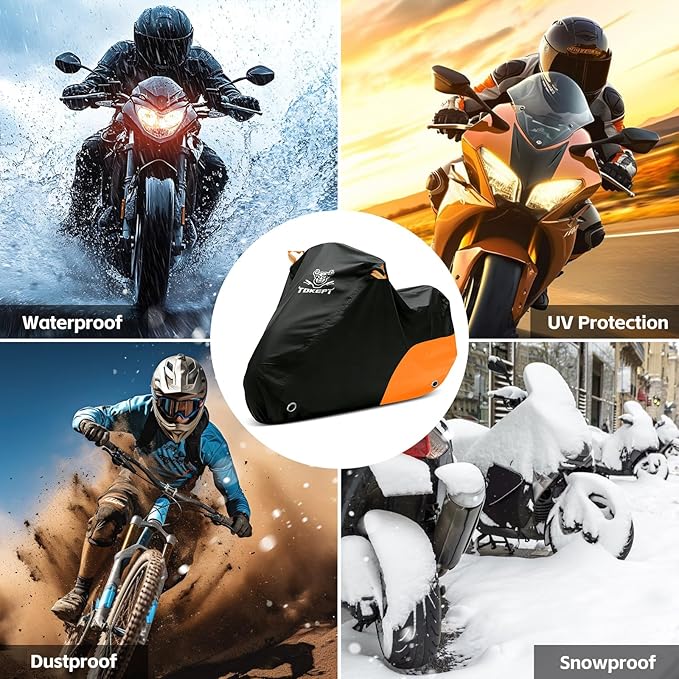 Motorcycle Cover Waterproof All Season Outdoor Protection, Fits up to 104 Inch, Compatible with Cruisers & Touring Models, with Locking Holes & Reflective Strips (Black&Orange)