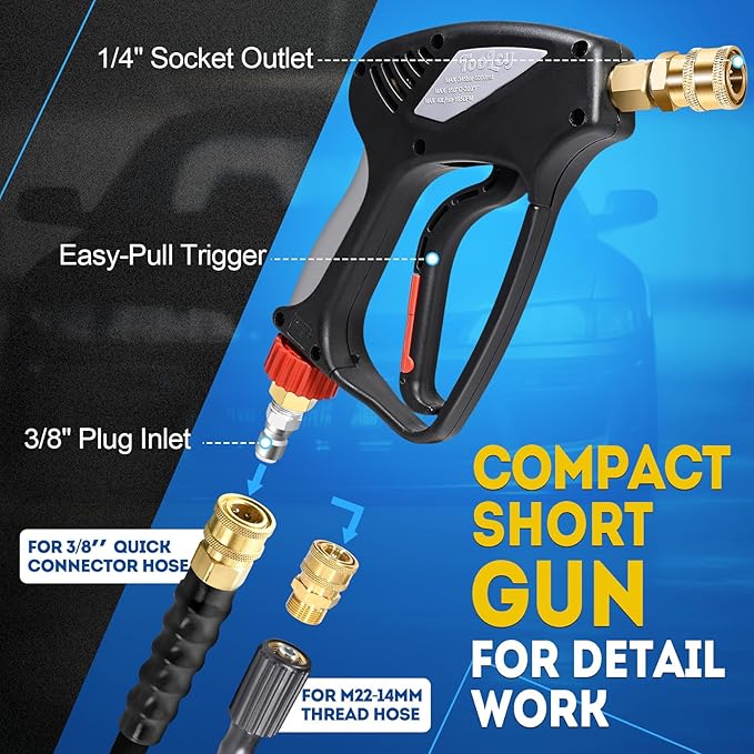 TOOLCY Pro Pressure Washer Gun and Wand, 5000 PSI High Pressure Washer Gun with 18" Curved Extension Wand, 360° Swivel, 1/4" Quick Connect Outlet, Includes 3/8" QC to M22-14mm Adapter & 5 Nozzle Tips