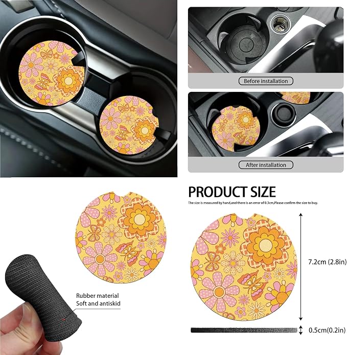 Hippie Flower Print 15 PCS Car Front Back Seat Cover Full Set, Seat Belt Strap Pad Steering Wheel Covers Air Vent Storage Bag Cup Holder Rear View Mirror Cover Key Chain Auto Decor