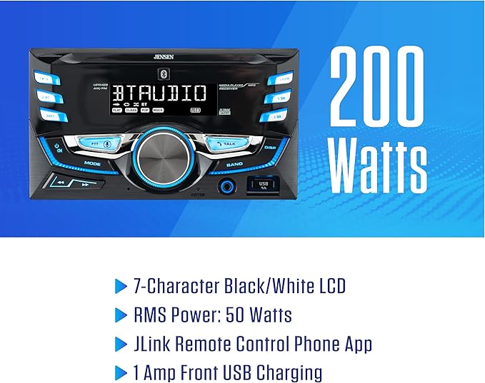 JENSEN MPR420 7-Character LCD Double DIN Car Stereo | Bluetooth Hands Free Calling & Music Streaming | Push to Talk Assistant | AM/FM Radio | USB Playback & Charging | Not a CD Player