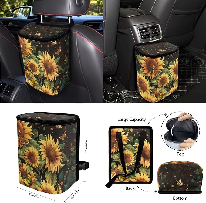 Sunflower Print Car Interior Covers Full Set of 15, High Back Bucket Seat Cover for Cars with Steering Wheel Cover Seatbelt Pads Trash Bag and Car Air Vent Organizer, Auto Decor