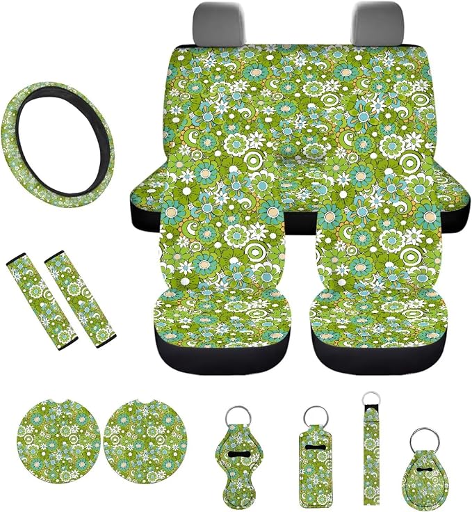 Green Hippie Flowers Pattern Car Accessories Car Seat Covers Full Set with Steering Wheel Covers+Seat Belt Pads+Coasters+Keychain+Lipstick Holder Universal Fit(13 Pack)