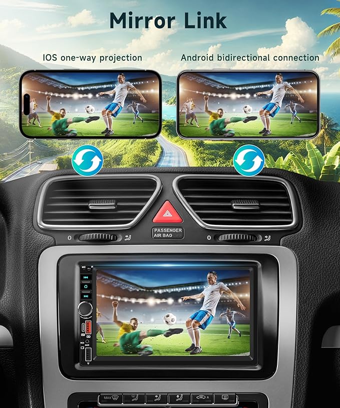 7 Inch Double Din Car Stereo, Touch Screen Bluetooth Car Radio Support Mirrorlink FM Radio EQ Fast Charging, Sellrich 2 Din Head Unit with USB/Type-C/TF Card/Aux Ports Backup Camera+Frame