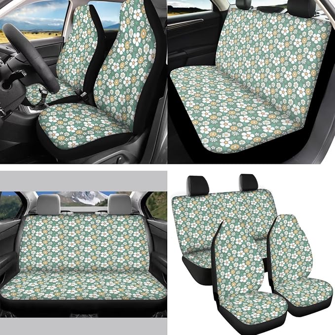 Vintage Groovy Flower Car Seat Covers Set for Women, 70S 80S Green Car Accessories Cute Steering Wheel Cover Coaster Mirror Cover Seatbelt Pad Gear Shift Pad Aesthetic Floral Car Seat Covers