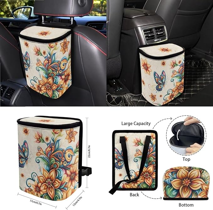 Butterfly Boho Floral Print Car Seat Covers 15Pcs Full Set Car Steering Wheel Cover Seat Belt Cover Trash Bin Air Vent Storage Box Rear View Mirror Car Cup Holder Keychain
