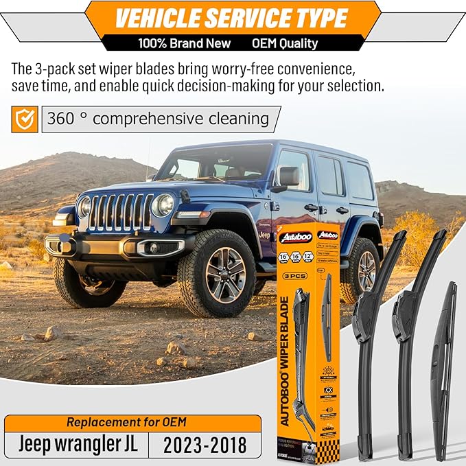 AUTOBOO 16"+16" Windshield Wipers with 12 Inch Rear Wiper Blade Replacement for Jeep wrangler JL 2018 2019 2020 2021 2022 2023-Original Factory Quality (Pack of 3)