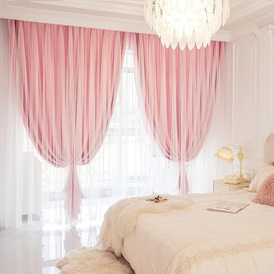 XiDi Double Layer Curtains with Sheer Overlay for Girls Kids Bedroom 96 Inches Long Pink Blackout Curtains Princess Nursery Thermal Insulated Room Darkening Grommet Drapes Lace Hem 2 Panels W52xL96