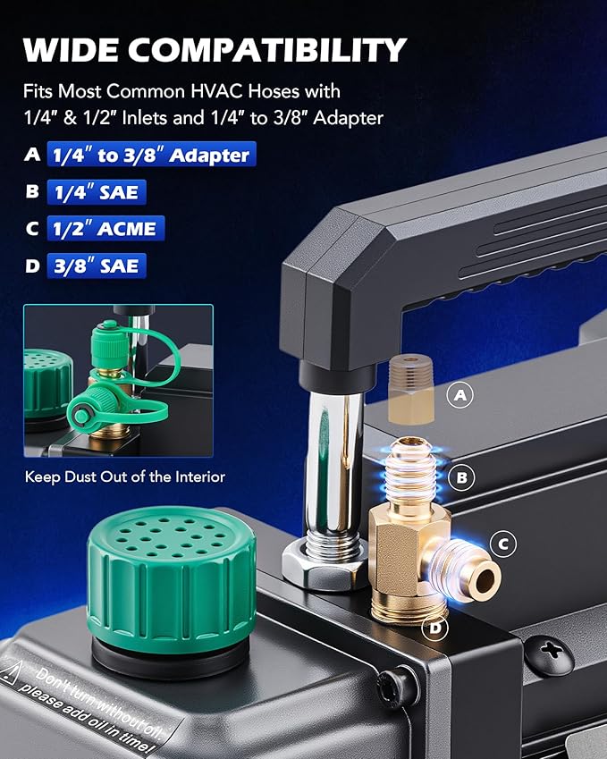 Orion Motor Tech Vacuum Pump, 4.5 cfm 1/3 hp HVAC Single Stage Vacuum Pump for R12 R22 R134a R410a R502, Auto AC Vacuum Pump Kit for Automotive Air Conditioner Resin Degassing & More, Oil Included