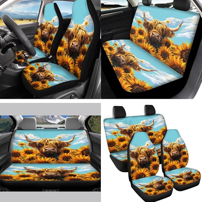 14Pack Highland Cow Sunflower Car Accessories for Women,Highland Cow Car Seat Covers Auto Steering Wheel Cover Seatbelt Pads Handbreak Cover Vehicle Coasters Keychain Mirror Cover