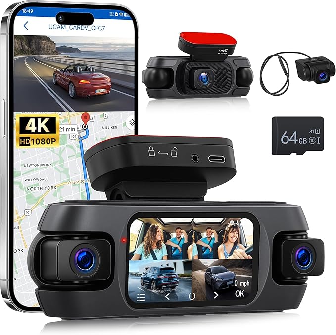 4K Dash Cam 4 Channel 360° Front and Rear Inside Left Right, 3 Inch Dash Camera Support WiFi GPS Night Vision Sensitive Motion Detection 24/7 Recording Parking Mode Monitor Reversing Help