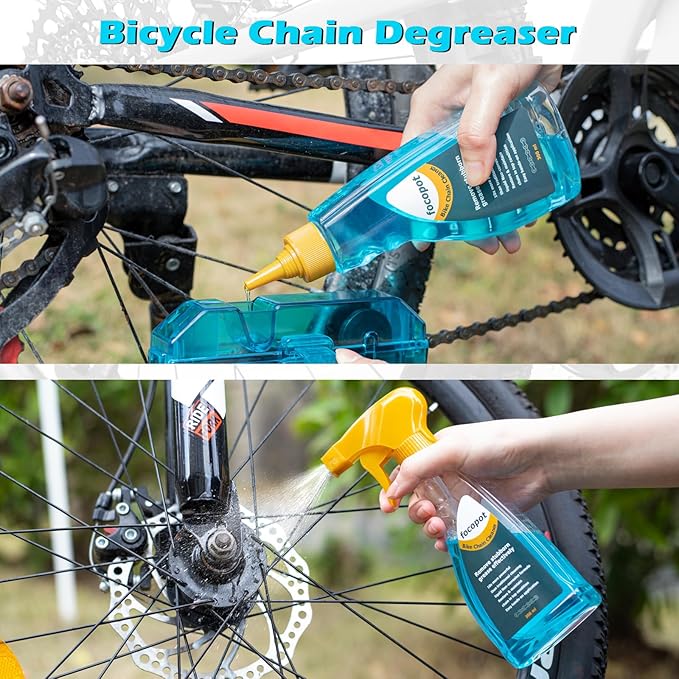focopot Bike Chain Cleaner Kit with Bicycle Cleaner(25 oz),Degreaser(10 oz),Oil Lubricant(2 oz),Cleaning Brush Tool,Bike Chain Cleaning kit to Clean and Lube Mountain/Road/MT/E Bike