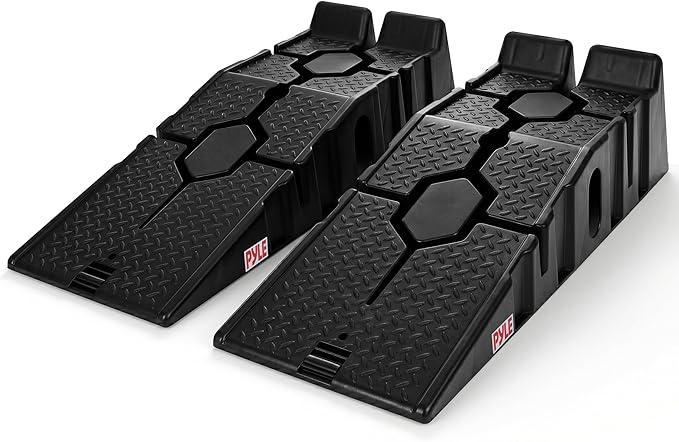 Pyle Heavy Duty Vehicle Ramps | 13000 lb Capacity Car Ramps for Low Clearance Vehicles with 6.3 Inch Lift and 17° Incline | Portable Non-Skid Car Ramps for Oil Changes, 2-Pack, Black.