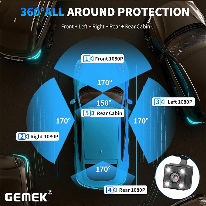 5 Channel Dash Cam 360° View 5G WiFi & APP Control, GEMEK 2K Front and Rear Inside, Left Right Dash Camera for Cars Free 64GB TF Card, G-Sensor, Night Vision, 24H Parking Mode