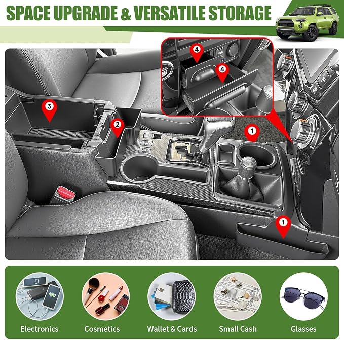 Center Console Organizer for 2014-2024 Toyota 4Runner Upgraded Hanging Armrest Box Extra Storage Drawer Inserts Shifter Tray for 4 Runner Accessories(Fit 14-24/4PC Center Console Organizer)