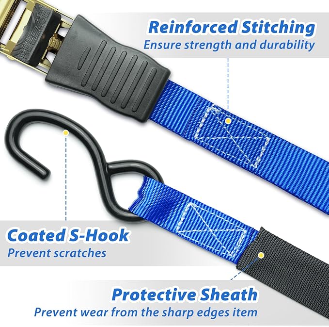 Ratchet Tie Down Strap 8-Pack 15 Ft - 500 lbs Load Cap with 1500 lbs Breaking Limit, Ohuhu Ratchet Tie Downs Logistic Cargo Straps for Moving Appliances Motorcycle Blue
