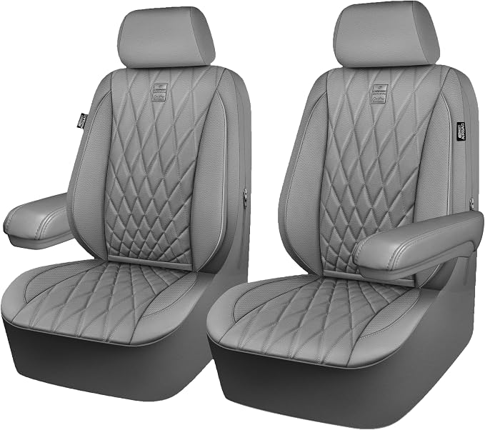 CAR PASS Piping Luxury PU Leather Two Front Car Seat Covers and 3 Pieces Heavy Duty Rubber Deep Dish All Weather Car Floor Mats, Universal Fit for 95% Sedan SUV Van Truck, All Gray