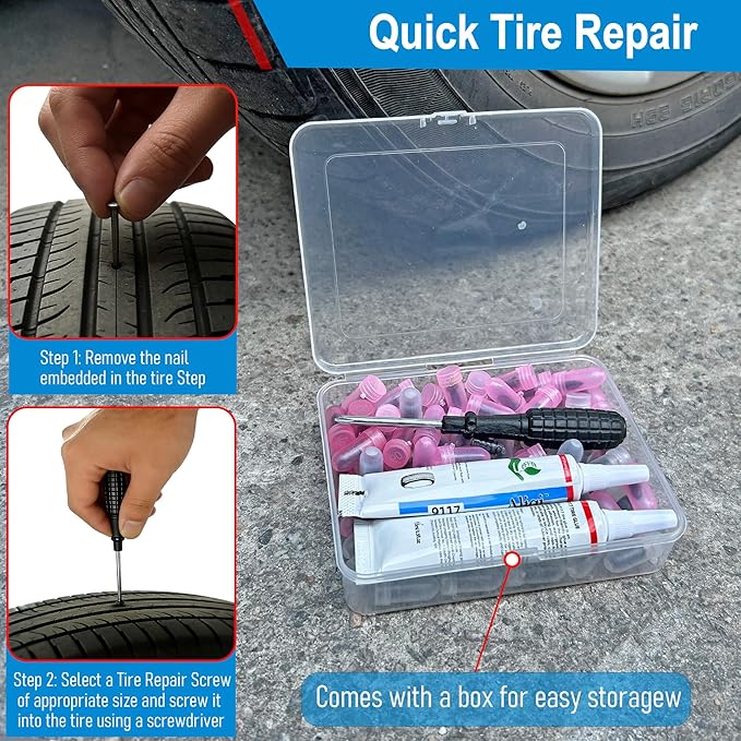 60 Pcs Tire Repair Rubber Nail, Tire Repair Rubber Nail Kit with Tire Glue,Tire Repair Screws are Suitable for Quickly Repairing Punctures in Car, Motorcycle, and SUV Tires