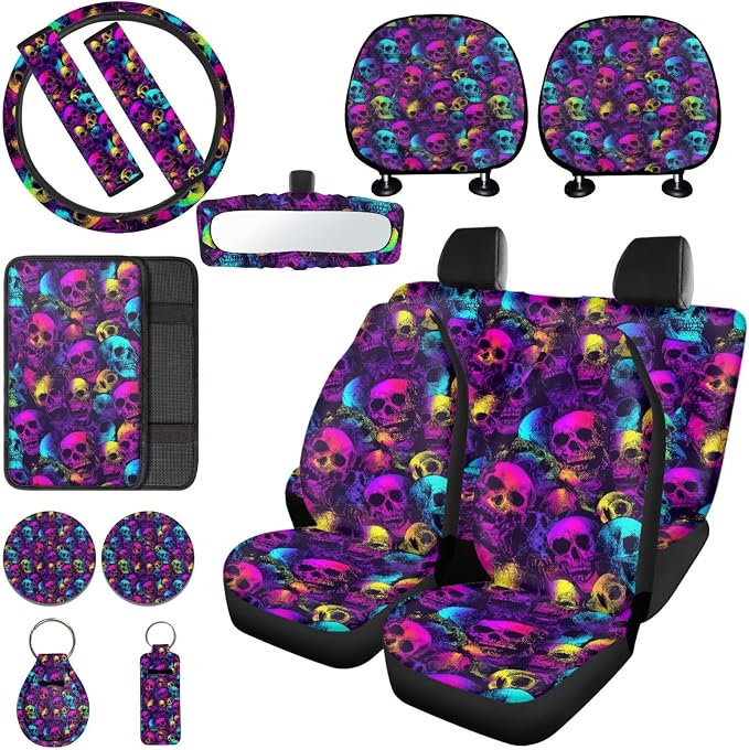 Skull Print Car Seat Covers Set of 15 High Back Front and Back Seat Covers with Steering Wheel Cover Safety Belt Pads Headrest Protectors Armrest Cushion Cup Coasters and Keychain