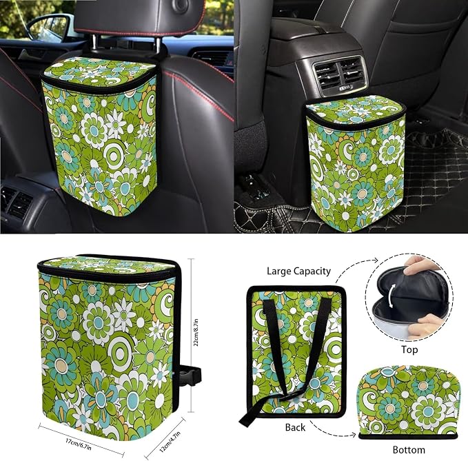 Hippie Flowers Green Print 15Pcs Car Seat Cover Full Set Car Steering Wheel Cover Seat Belt Cover Trash Bin Air Vent Storage Box Front Rear View Mirror Car Cup Holder Keychain