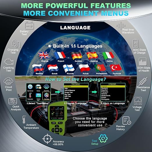 BT90 PRO 2-360Ah Battery Tester with Cloud Printing, 30-3800 CCA, 6V/12V/24V Digital Analyzer, SOH/SOC/Volt/Res/Cranking&Charging Test, Real‑Time Ambient Temp, AGM/EFB/Gel/Li