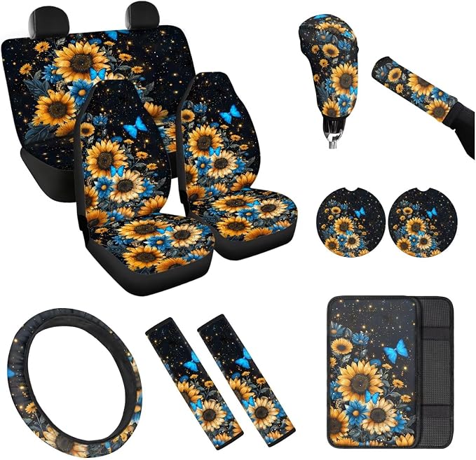 Sunflower Butterfly Car Seat Covers Set of 12 Steering Wheel Cover Car Seat Belt Pad Cover Center Console Cover Fashion Auto Interior Universal Fit Most Vehicles Cars SUV