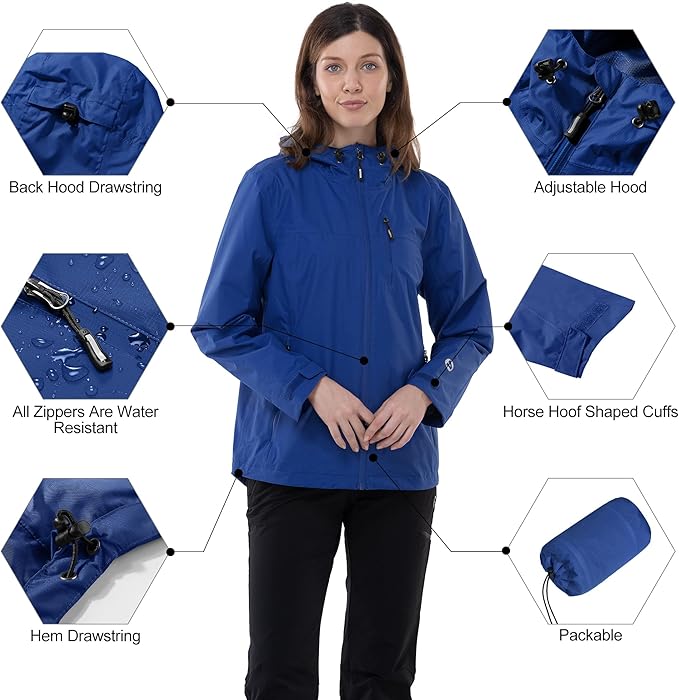 Outdoor Ventures Packable Rain Jacket Women Lightweight Waterproof Raincoat with Hood Cycling Bike Jacket