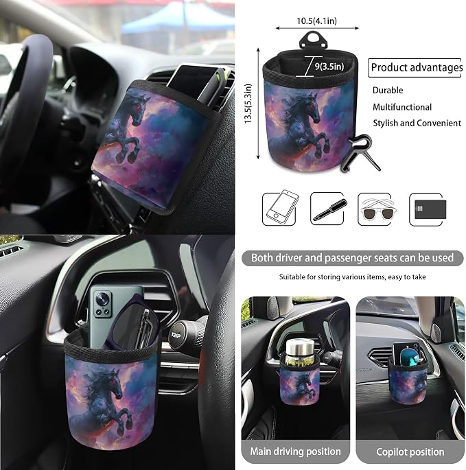 Horse Clouds Print Car Accessories Full Set of 15 Car Seat Covers Steering Wheel Cover Air Vent Storage Holder Seatbelt Strap Pad Cup Coasters Rear View Mirror Cover Keychain