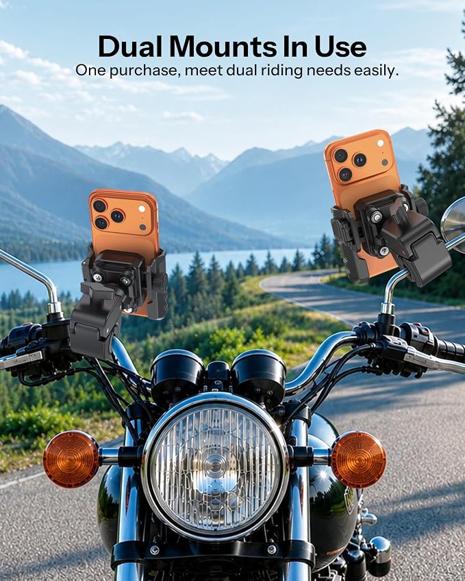 OMOTON Bike Phone Holder 2-Pack, Anti-Vibration Shockproof Motorcycle Phone Mount with Quick Lock & 360° Swivel - Fits Handlebars & Rearview Mirror, for iPhone Samsung All Phones, Black & Orange