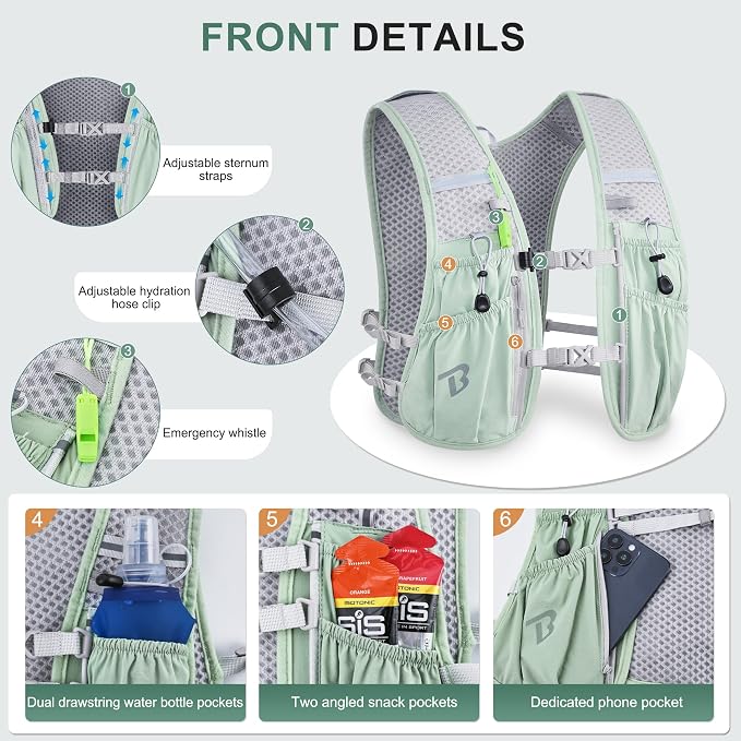 BECOJADDE Running Vest Hydration Backpack for Men Women, 5L Lightweight Running Backpack Hydration Pack for Marathon, Trail, Cycling, Hiking, Jogging