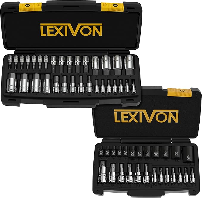 LEXIVON Premium Master HEX Bit Socket Set, Complete 32-Piece, SAE and Metric Set + Premium Master Torx Bit and Socket Set, 25-Piece, Bit Socket T8-T60 & E-Torx E4-E22