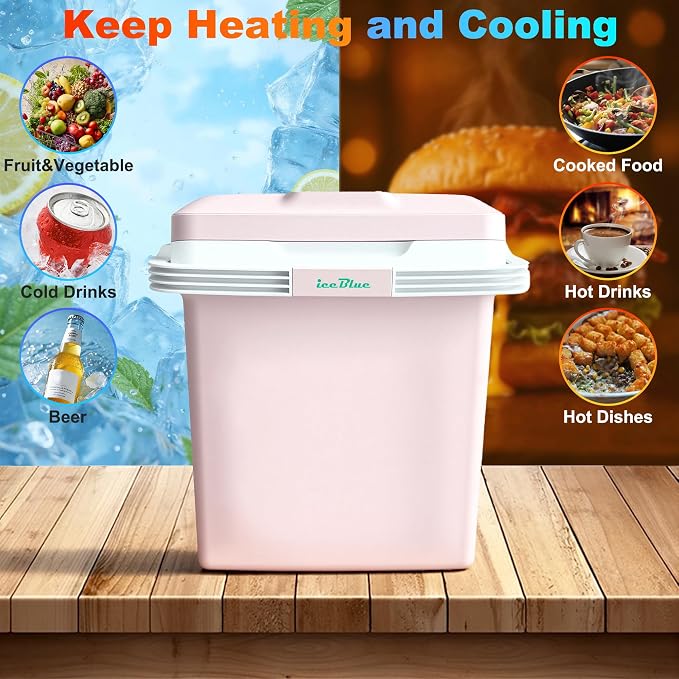 Iceblue Electric Cooler, 26 Liters/28 Cans Mini Fridge with Automatic Locking Handle, 120V AC Home Power Cord & 12V Car Adapter Car Refrigerator, Car Fridge for Home, Car, Gift (Pink)