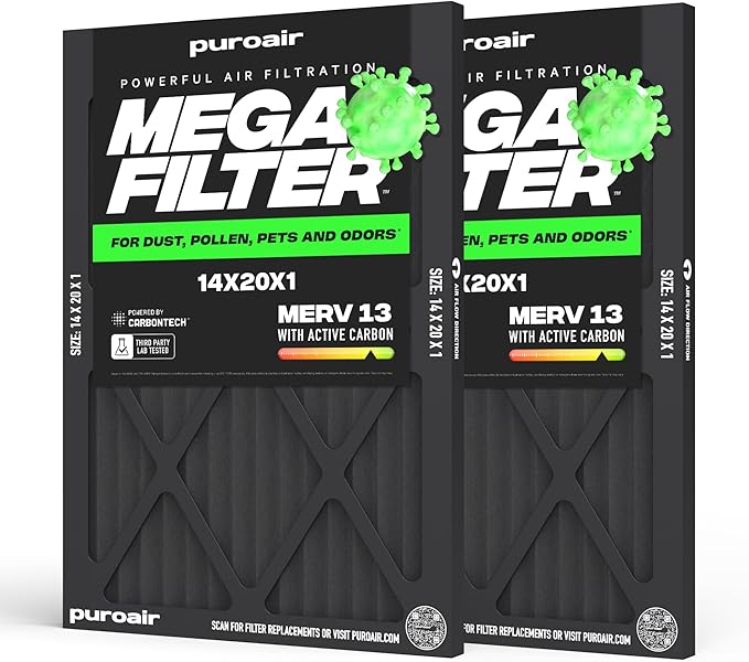 PuroAir MegaFilter - 14x20x1 Air Filter MERV 13 Activated CarbonTech Defense - Heavy Duty 3 Layer Furnace Filters Allergens, Pollen, Dust, Pet Dander, Smoke, Odors - HVAC Air Filter 14x20x1 (2-Pack)