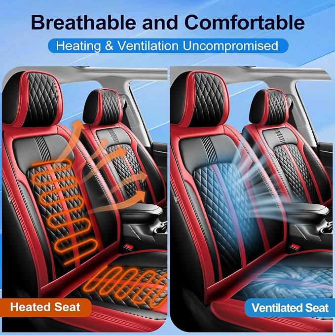 Fit Verano Car Seat Covers (Front Pair) for Select Buick Verano 2012-2017, Premium Full Coverage Leather, Airbag Compatible, Waterproof & All Weather Seat Cushion Protector, Black+Red