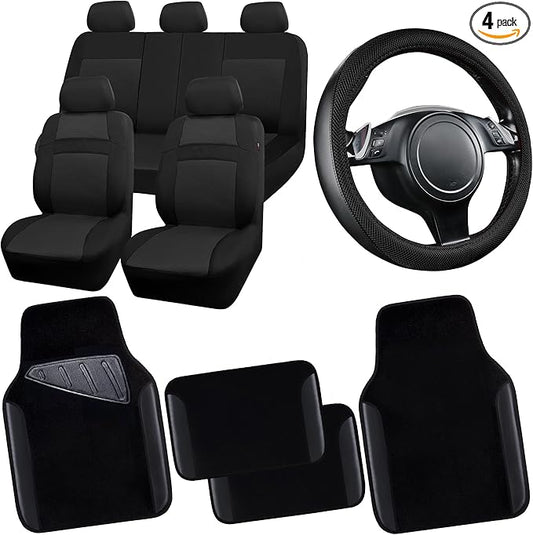 CAR PASS 3D Air Mesh Car Seat Covers Full Sets w/5mm Sponge, 4Pcs Waterproof Car Floor Mats, Steering Wheel Cover Universal Fit for SUV Sedan Truck, Airbag Compatible Automotive Interior(Black)
