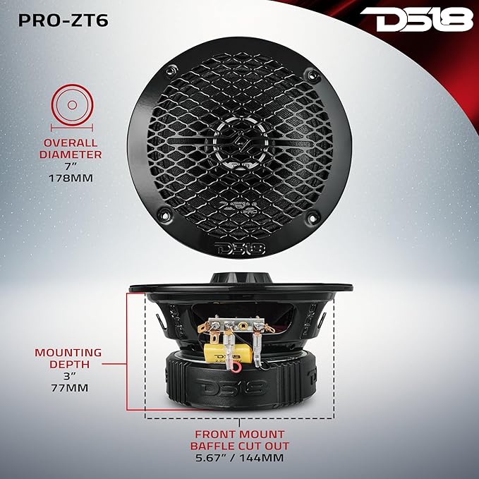 DS18 PRO-ZT6 6.5-Inch 2 Way Pro Audio Midrange Speakers with Built-in Bullet Tweeter 4-Ohms 450W Max 225W RMS Water Resistant - Black Metal Mesh Grill Included (1 Speaker)