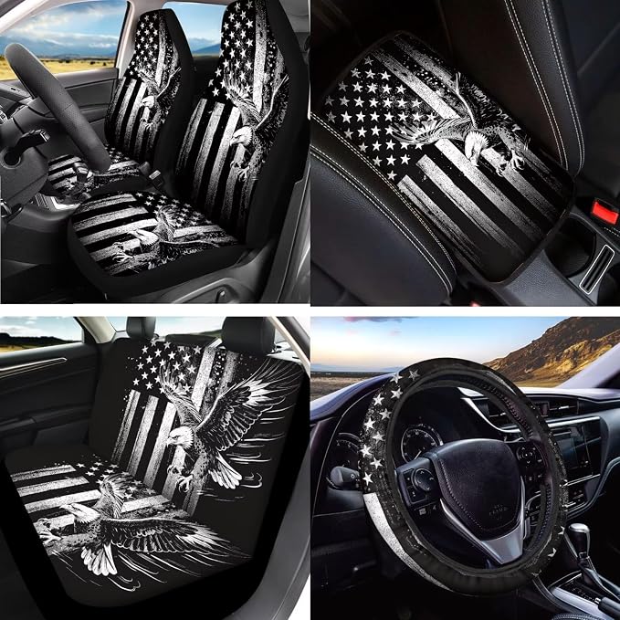 American Flag Car Seat Cover Full Set Eagle Printed Auto Steering Wheel Cover Seat Belt Protector Armrest Pad Auto Rear View Mirror Protector Set of 15, Car Accessories Set, Grey