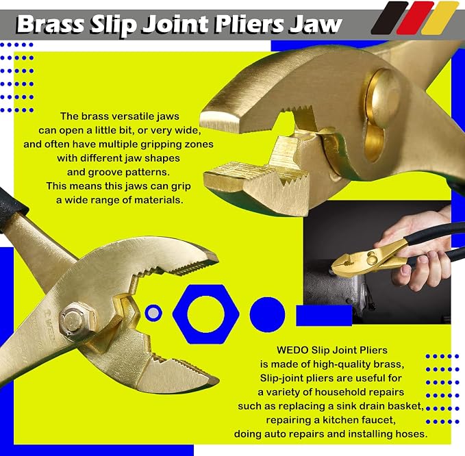 WEDO 3-Piece Brass Pliers Set - Non-Slip Handle, 8" Snipe Nose, 8" Slip Joint, 7" Diagonal Cutting