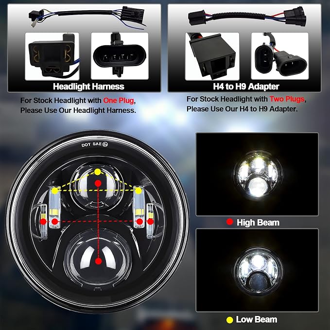 AlyoNed 7 inch Motorcycle LED Headlight 4.5" Fog Passing Lights DOT Kit Compatible with Harley Davidson Fat Boy Street Glide Heritage Softail Road King Switchback Electra Glide Ultra Classic Black