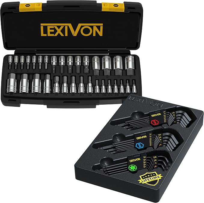 LEXIVON Premium Master HEX Bit Complete 32-Piece, SAE and Metric Socket Set + Master Wrench Key Set, 35-Piece Long Arm Ball End Hex Keys | 3-Pack Metric/SAE & Star
