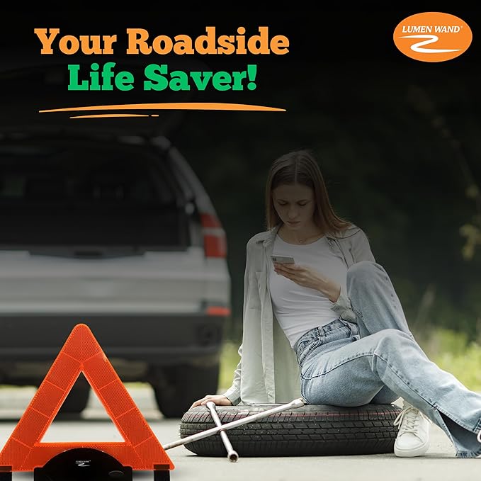 Lumen Wand 3-Pack LED Reflective Warning Triangles Kit for Road Safety | Metal Base, Internal LEDs & External Reflectors; Includes Storage Bag & 9 AAA Batteries | Emergency Triangle