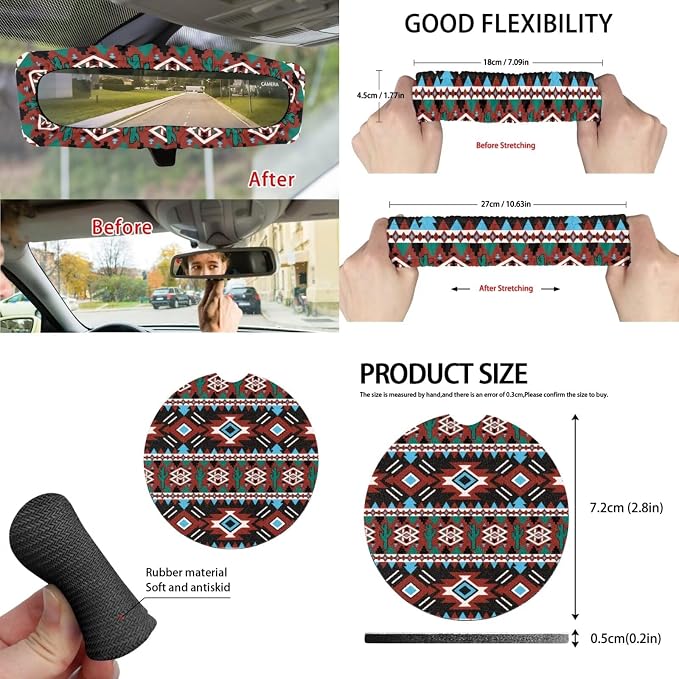 Geometric Tribal Aztec Car Accessories Car Seats Cover Protector, Steering Wheel Covers, Seatbelt Cover, Car Trash Can, Cup Coasters, Rearview Mirror Cover, Keychains, Pack of 15