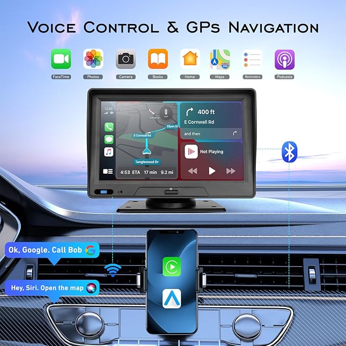 EVERSECU 7 Inch Touch Screen Car Stereo & Backup Camera, Apple CarPlay & Android Auto, Portable Car Radio with Bluetooth Hands-Free/Mirror Link/Maps Navigation/Voice Control/AUX, for Truck, SUV