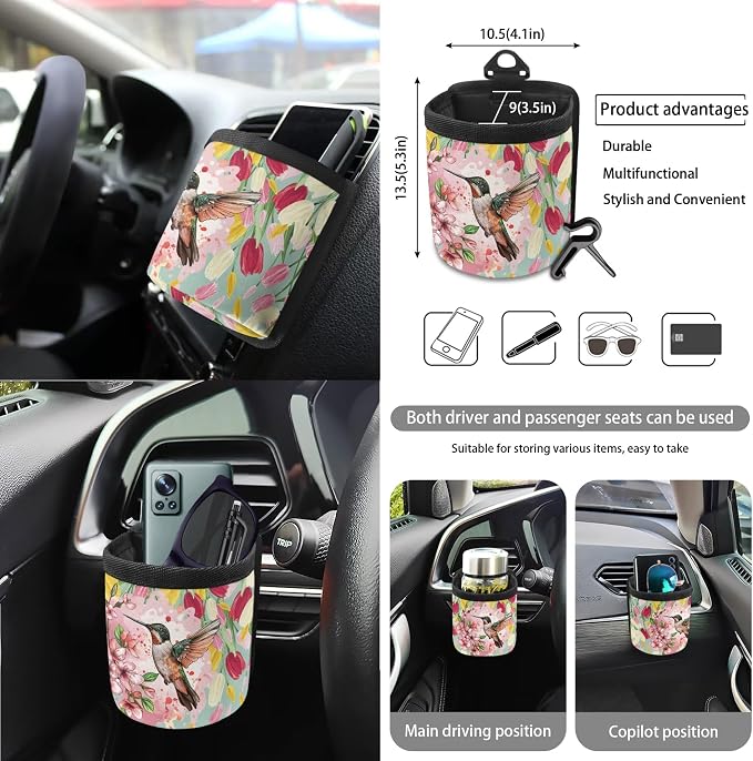 Hummingbird Tulip Floral Print Car Seat Cover Set of 15 Steering Wheel Cover Seatbelt Strap Pad Air Vent Storage Holder Trash Cans Rear View Mirror Cover Coasters Key Chain
