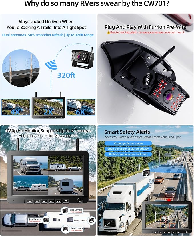 Wireless Backup Camera for Rvs, BSD Alert, AI Detection, 6X Zoom, 1080P | 320FT Stable Signal, 150° Wide View, 4-Channel Expandable, Furrion Ready, IP69K Metal Housing