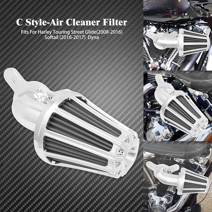 Air Cleaner Filter 90° Forward-Facing Intake Kit CNC Fit for Harley Touring Softail Dyna Sportster XL (Chrome Housing Grey Element, C For Touring 08-16,Softail 16-17,Trike 08-16)