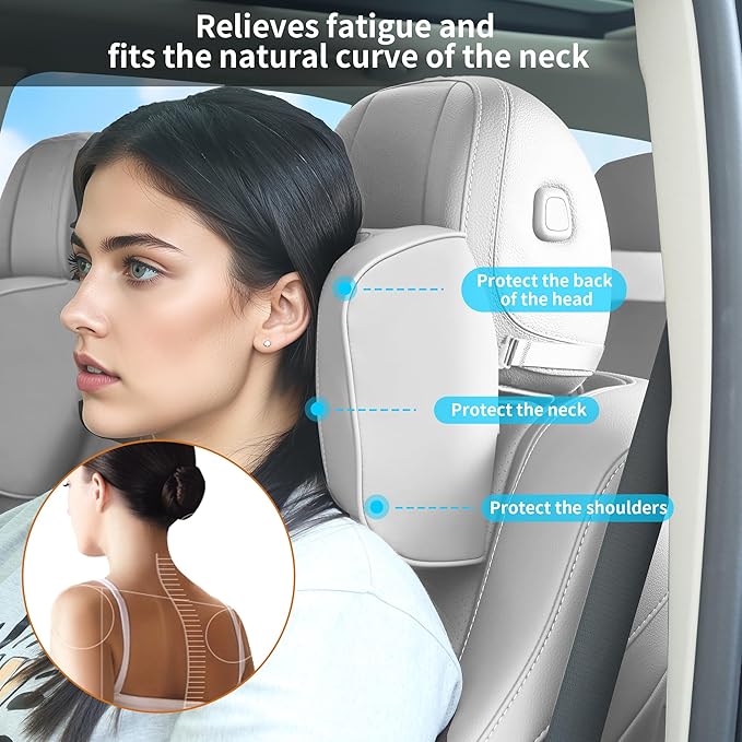 Car Headrest Pillow U-Shaped, Memory Foam Head Neck Support Cushion for Driving, Leather Head Rest Travel Pillows for Sleeping, Breathable Removable Cover, Gray, 2 Pack