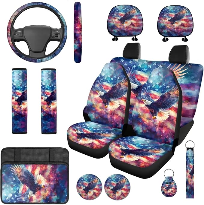 Bulopur American Flag Bald Eagle Auto Seat Covers with Matching Automotive Armrest Cover Center Console Cushion Car Seat Belt Shoulder Strap Covers Keychain Vehicle Interior Decor Set