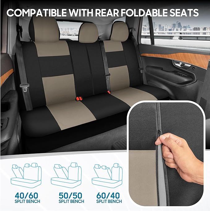 BDK PolyPro Car Seat Covers Full Set in Light Beige on Black, Front and Rear Split Bench Seat Covers for Cars, Easy to Install Car Seats Cover Set and Accessories for Auto Trucks Van SUV - Light Beige