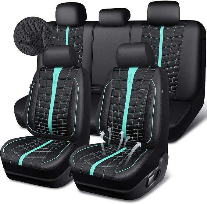 CAR PASS 3D Foam Mesh Leather Car Seat Covers Full Set, Breathable Premium Leather Seat Covers for Car,Anti Slip Universal Fit for Trucks Cars Sedans Vans SUVs, Airbag Compatible, Black Mint
