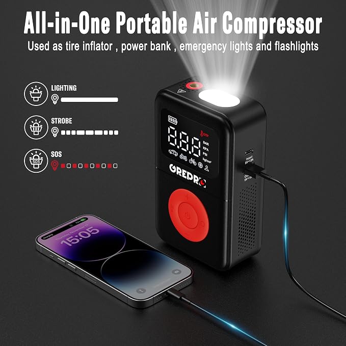 GREPRO 3000A Car Jump Starter (10L Gas & 8.0L Diesel Engines) &Tire Inflator Portable Air Compressor, 160 PSI Portable Air Pump, 3X Faster Air Pump with Digital Pressure Gauge